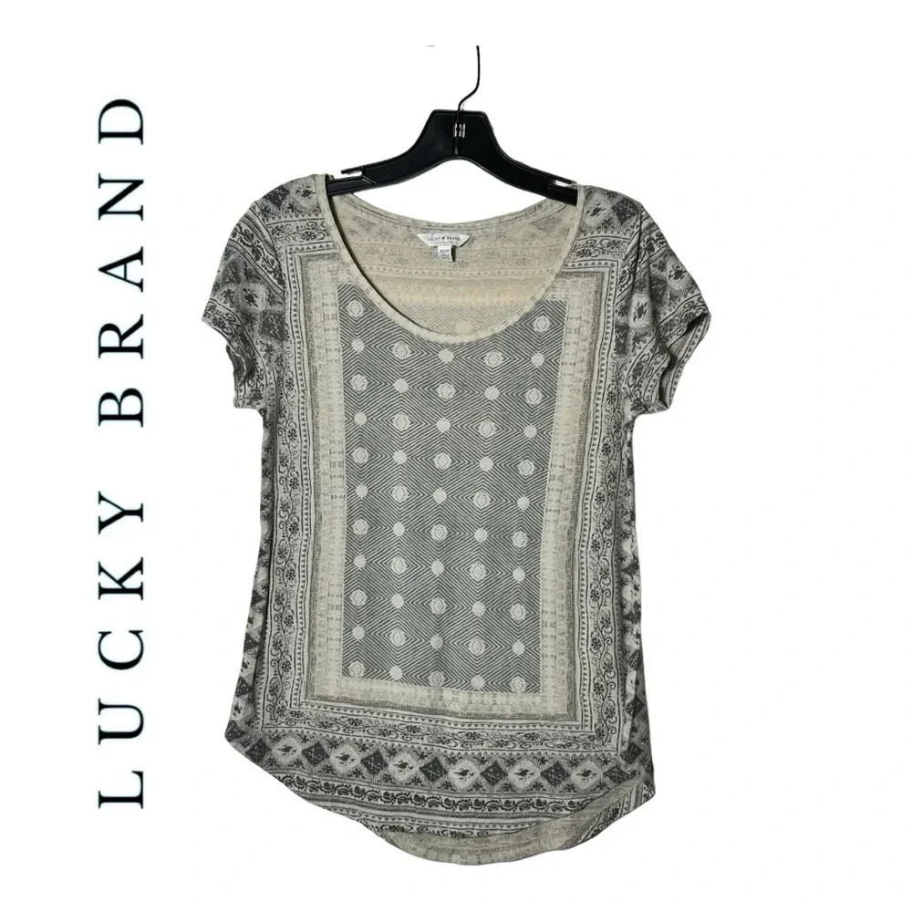 1904. Lucky Brand Women's XS Geometric Print Scoop Neck Tee Multicolor